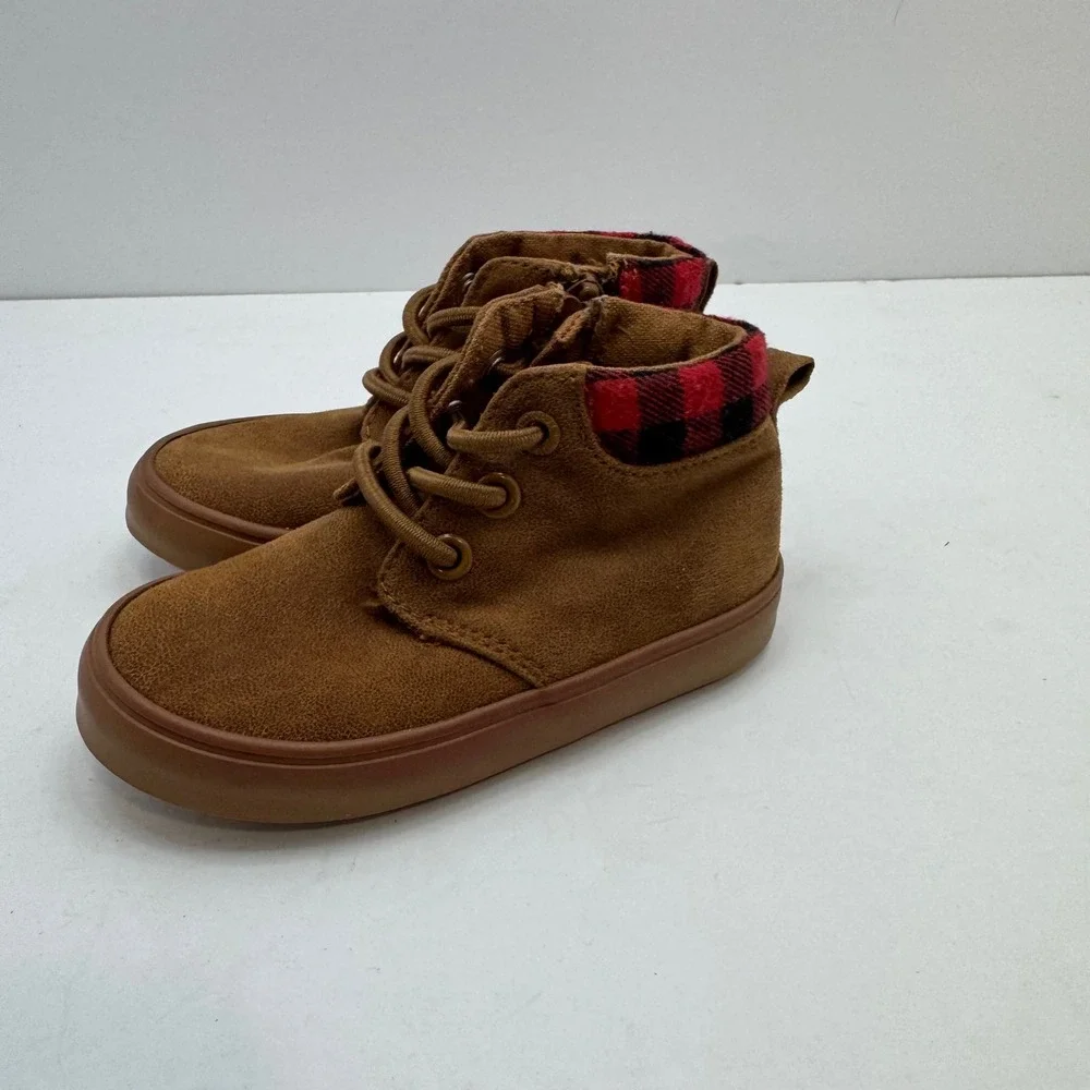 Old Navy High Top Sneakers Kids 6 Brown Buffalo Plaid Side Zip Boots 5483894-00‎